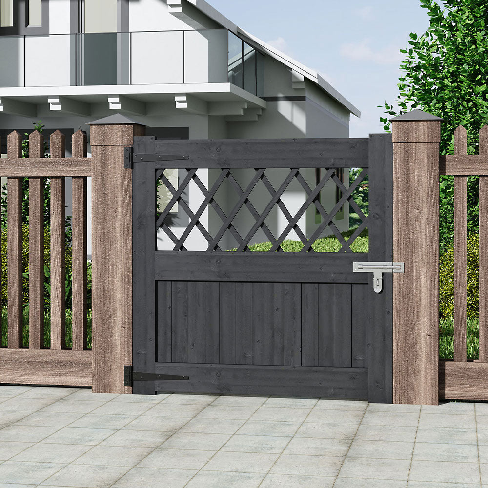 Grey Pine Lattice Rhombus Wooden Garden Gate with T Hinges & Latch